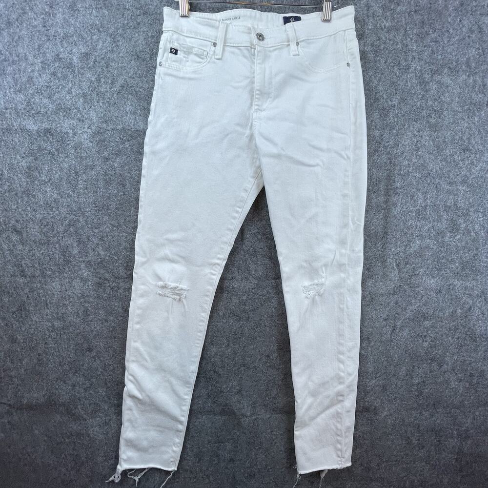Ag Adriano Goldschmied Off-White Straight Leg Jeans with Knee Distress